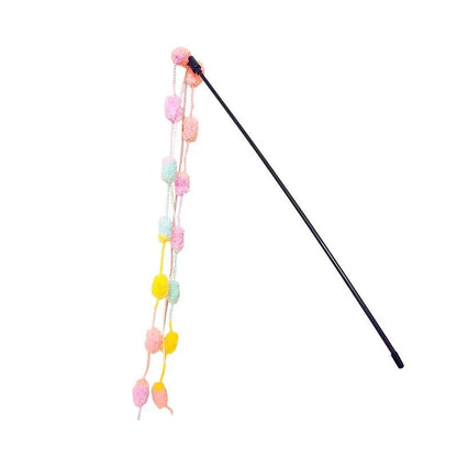 Rainbow cotton candy cat teaser wand with bell and 95cm aluminium alloy rod in blue pink, orange green, and light pink yellow colour options