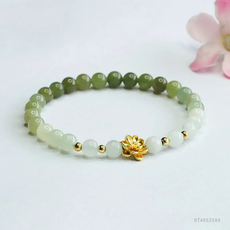 Hand-woven Hetian jade bracelet with sunshine water gradient colour and 6mm flower beads.