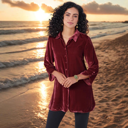 Gold velvet bell sleeve shirt with lapel slit button front showing loose fit and flared cuffs