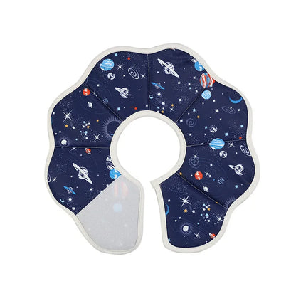 Soft adjustable cat cone collar in constellation pattern showing fastener and soft edging