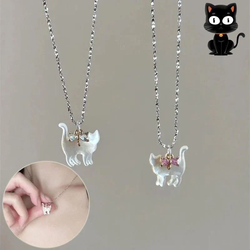 Cute transparent cat rhinestone pendant necklace with silver plated chain
