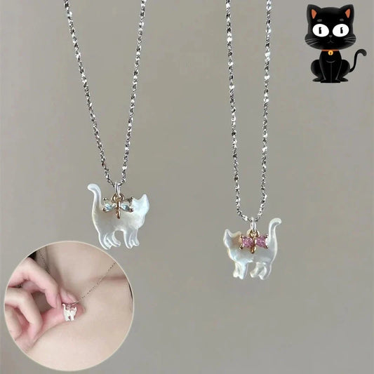 Cute transparent cat rhinestone pendant necklace with silver plated chain