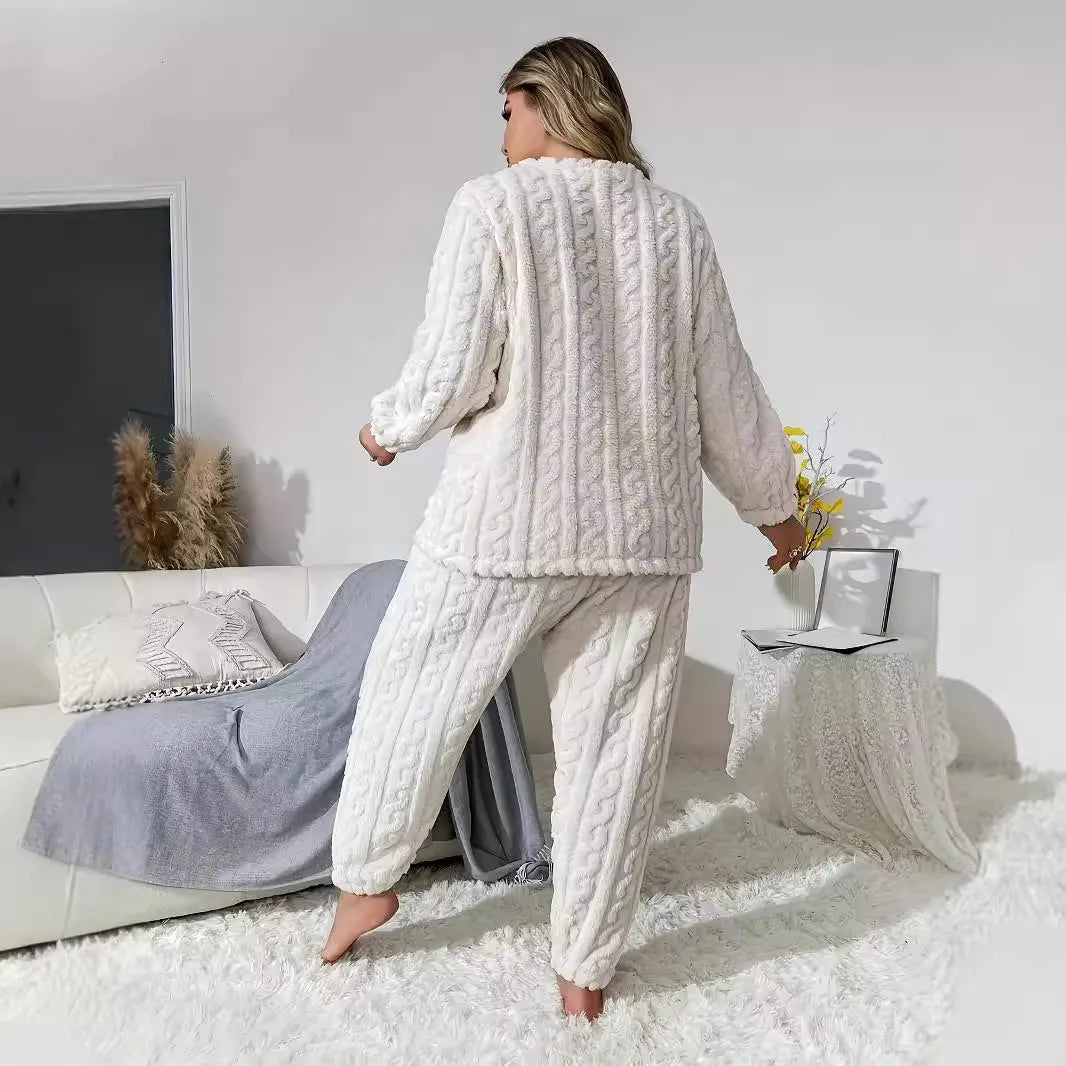 Women's creamy white polyester two-piece casual set with long sleeve crew neck top and matching trousers
