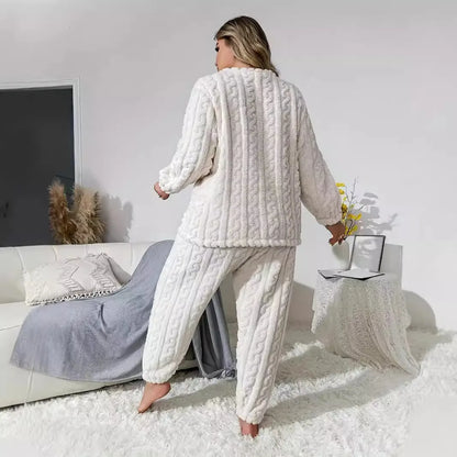 Women's creamy white polyester two-piece casual set with long sleeve crew neck top and matching trousers
