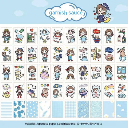 Japanese cartoon character sticker sheet with 50 self-adhesive 40x60mm vinyl decals for notebook decoration