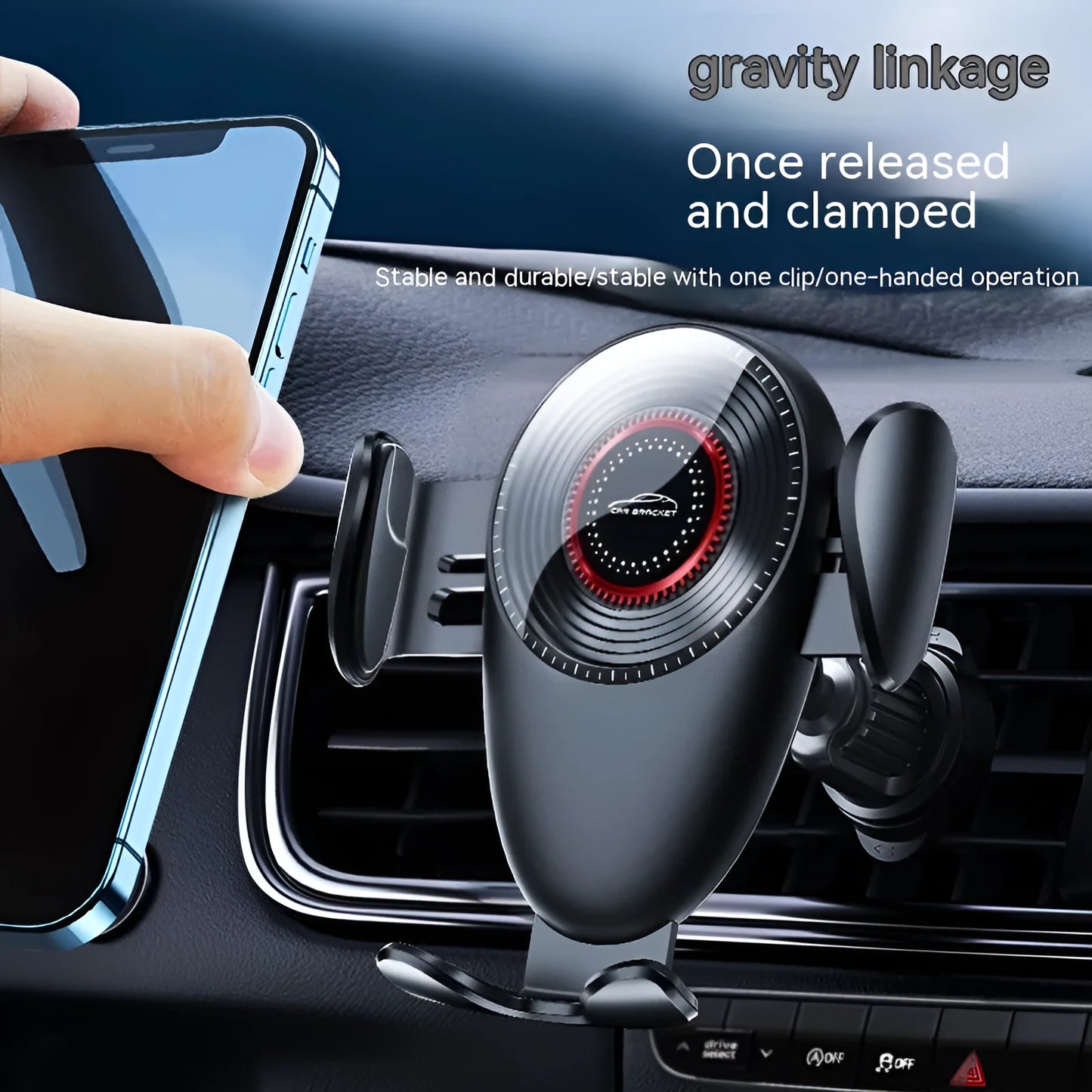 Black car mobile phone bracket mounted on vehicle air vent with adjustable phone grip mechanism