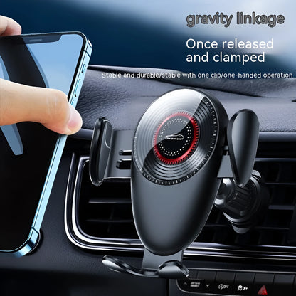 Black car mobile phone bracket mounted on vehicle air vent with adjustable phone grip mechanism