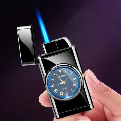 Multifunctional electronic watch lighter in black brushed metal showing watch face and ignition button.
