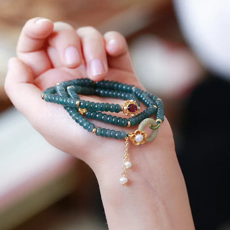 Blue water jade abacus bead bracelet with three rings tourmaline and freshwater pearls