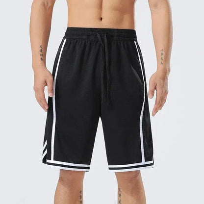 Men's straight-leg polyester sports training shorts in a grey colour, shown on a model.