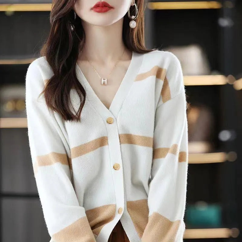Women's black and white striped V-neck button cardigan with a 3D pattern and slim fit.