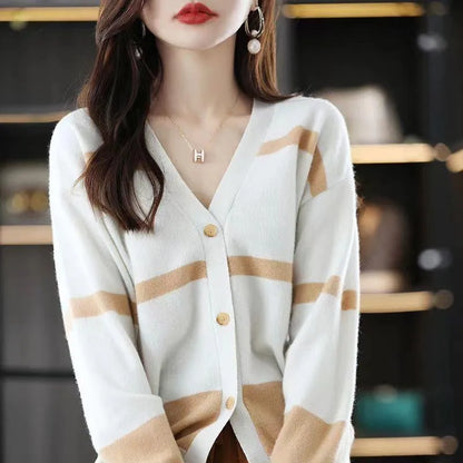 Women's black and white striped V-neck button cardigan with a 3D pattern and slim fit.