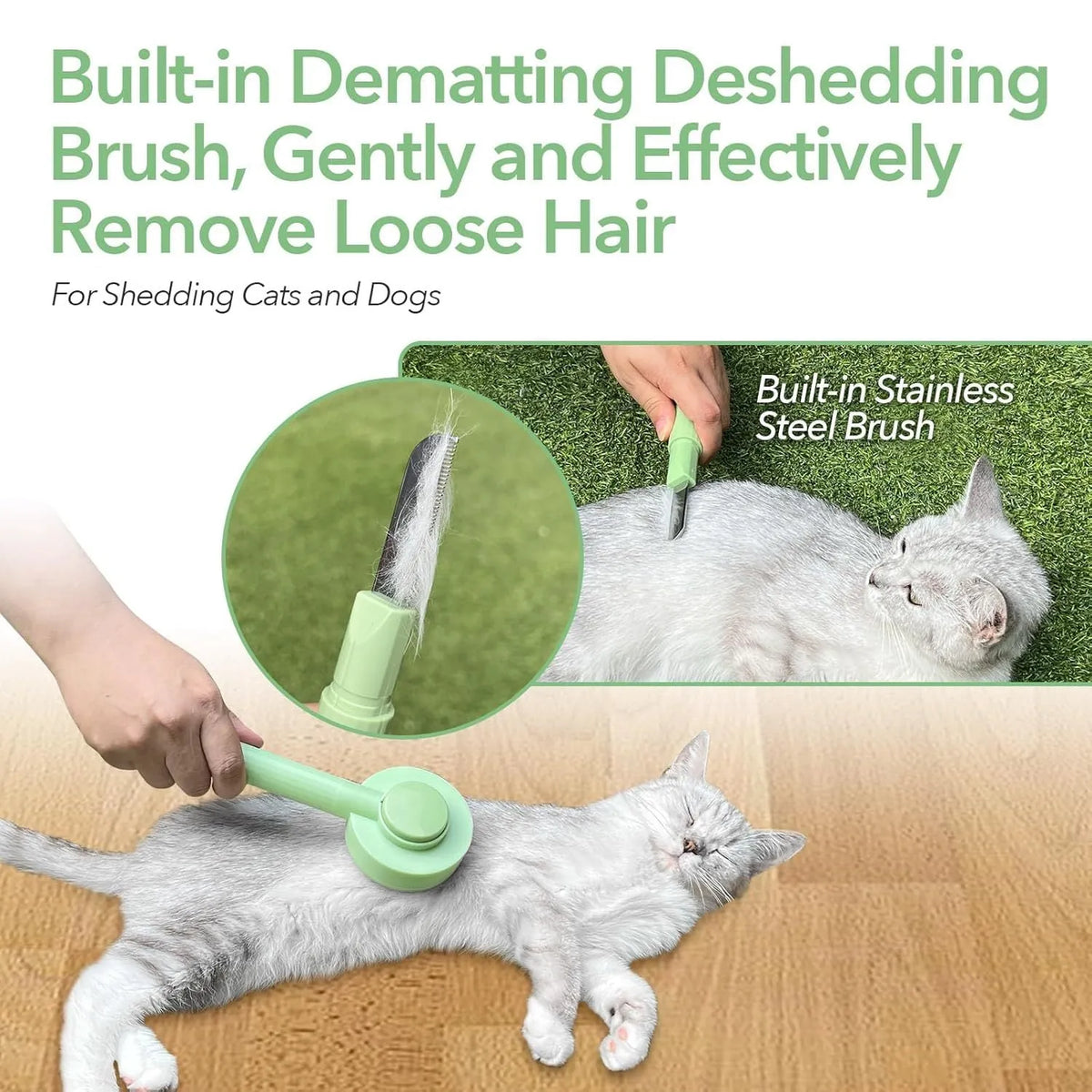 Green and yellow pet grooming brush with stainless steel needles measuring 17.5x8cm