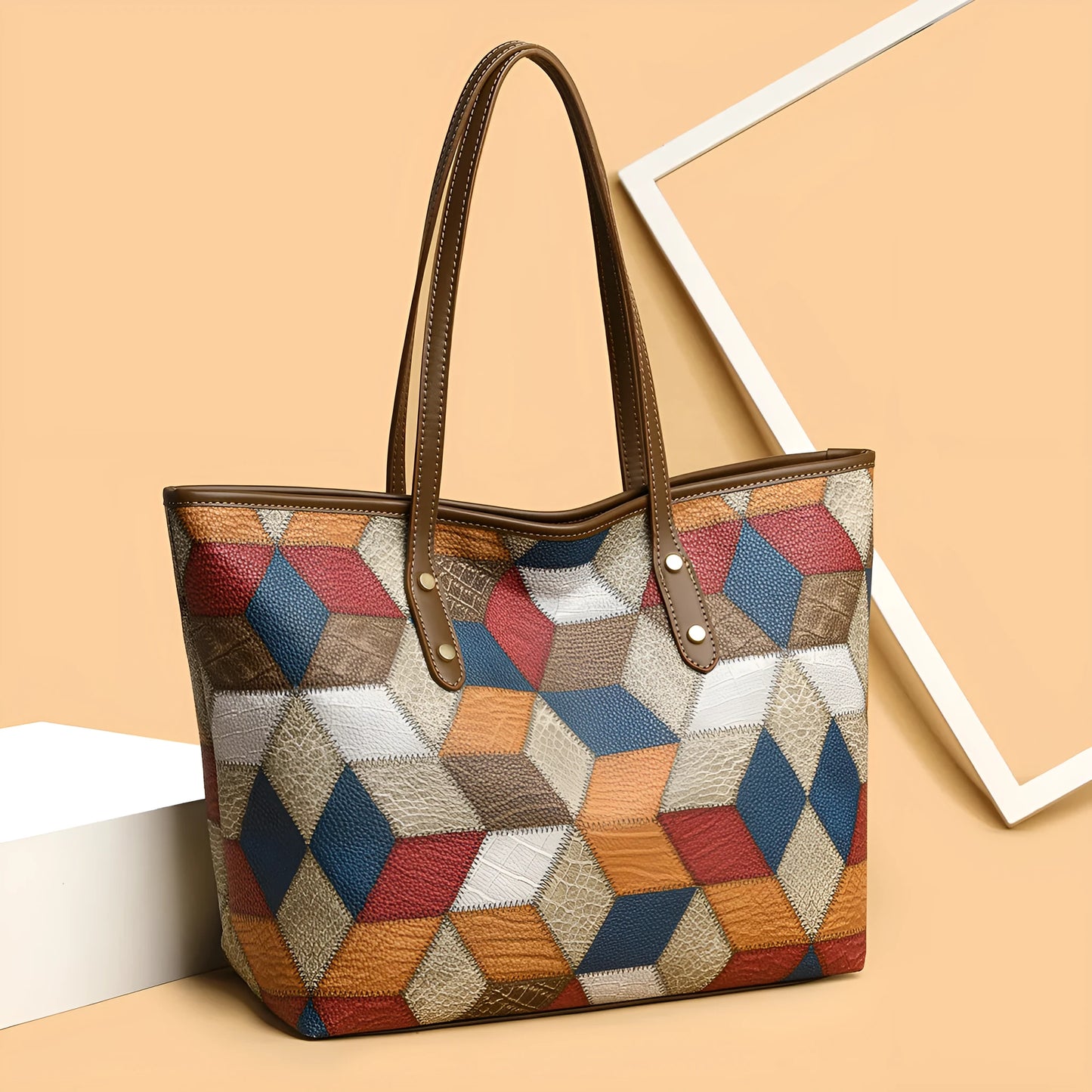 Women's PVC shoulder handbag in blue brown colour with sandwich pocket design and large capacity