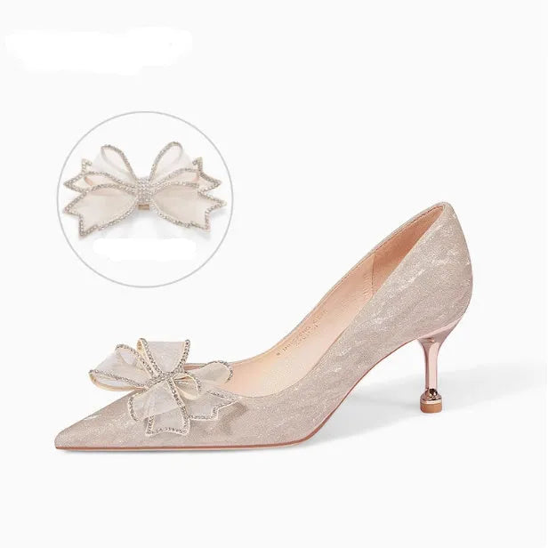 Champagne gold sequined stiletto heels with crystal decorations and pointed toe for wedding banquets