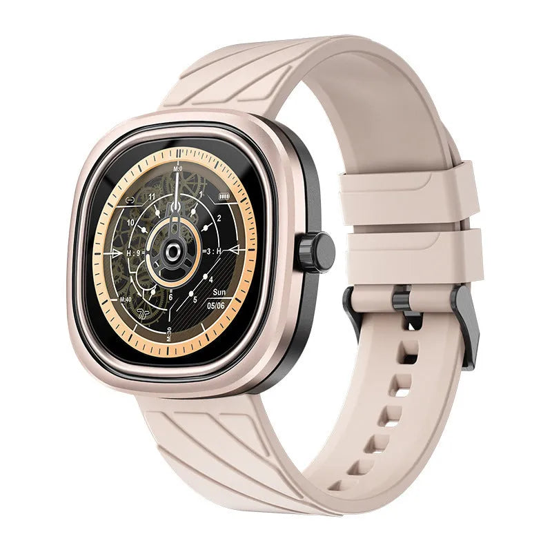 Square pink Bluetooth smartwatch with silicone band on a wrist, showing its touchscreen display.