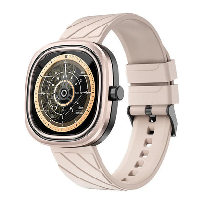Square pink Bluetooth smartwatch with silicone band on a wrist, showing its touchscreen display.