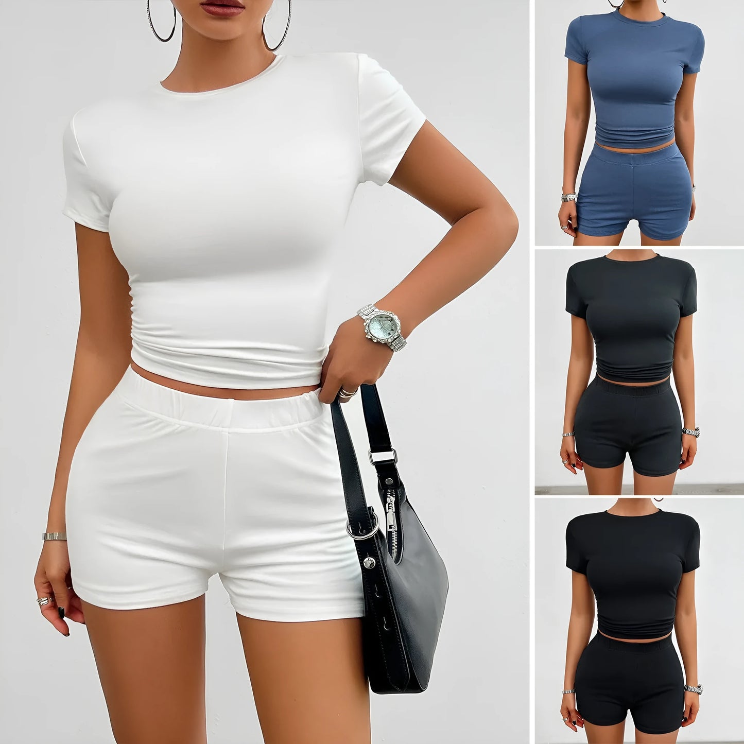 Women's solid colour slim fit sports set with short sleeve t-shirt and elastic waist shorts