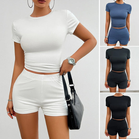 Versatile women's activewear set with slim-fit tee and elastic shorts in various color options