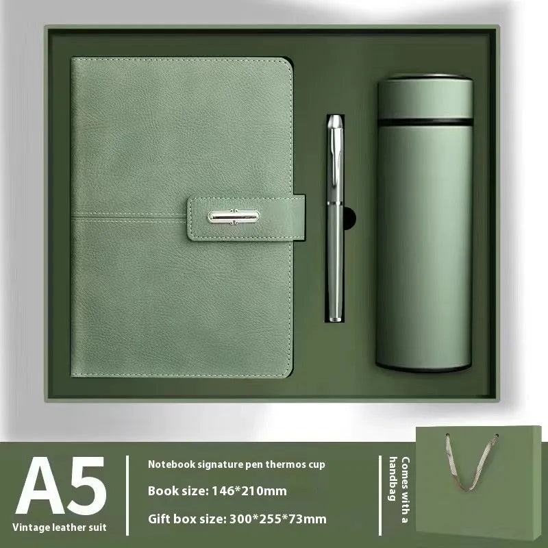 A5 notebook with imitation leather cover in colour options including black, red, green, blue, and orange.