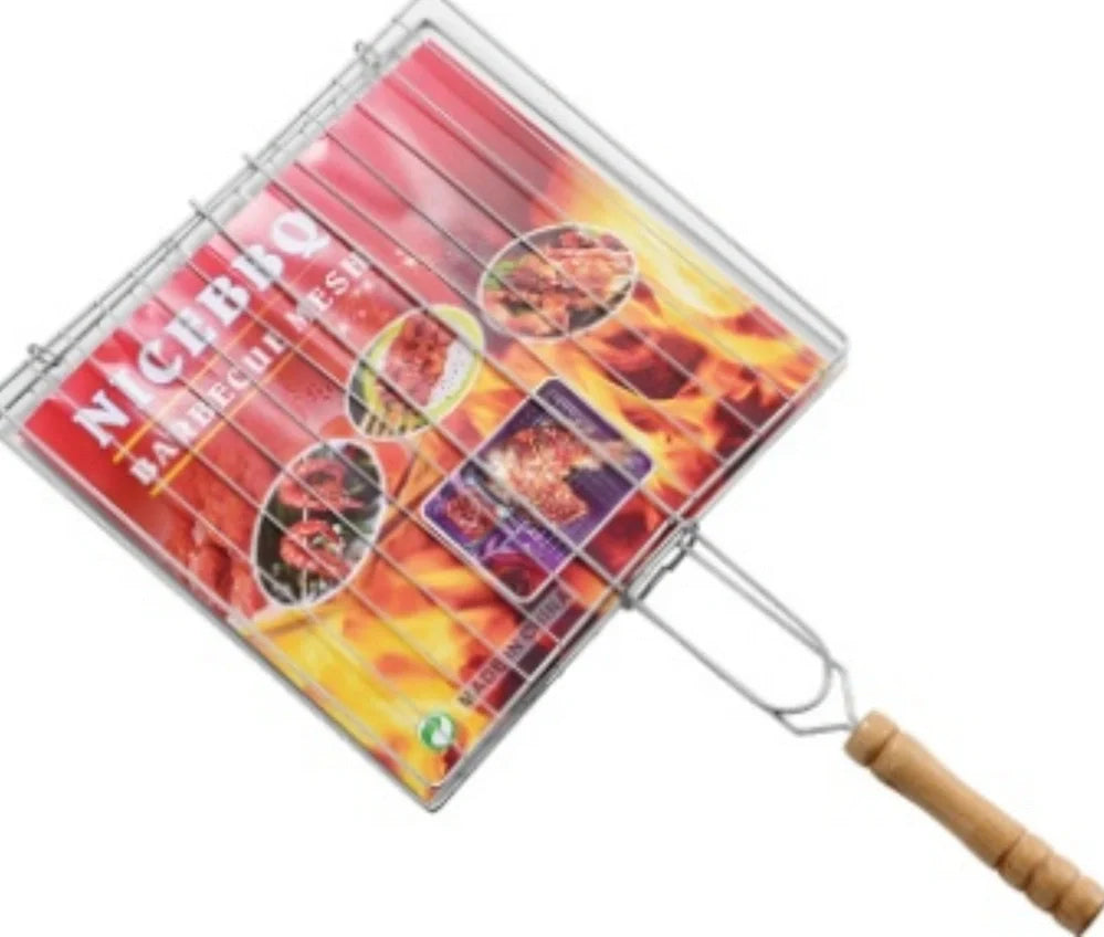 Stainless steel folding barbecue net showing extended cooking surface and compact folded position