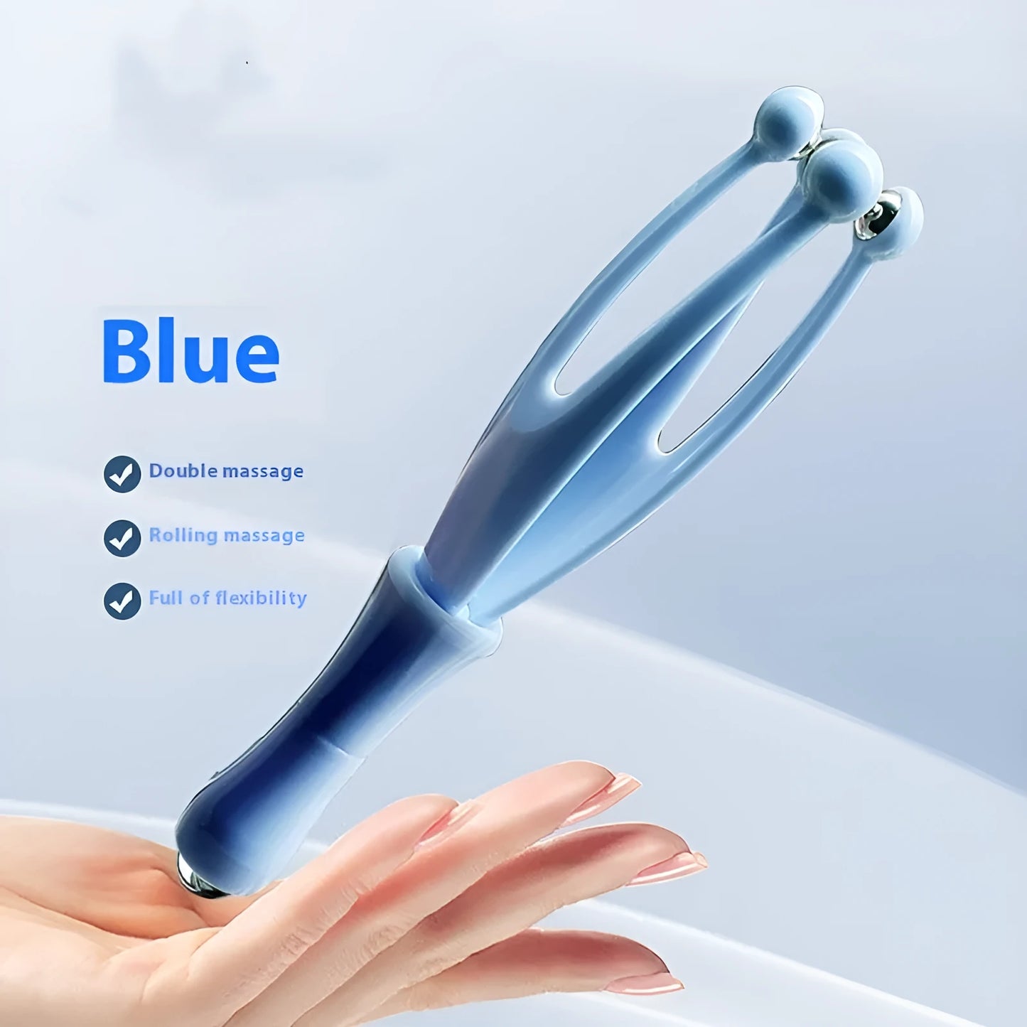 Blue and white steel ball finger massager with electroplated rollers for hand joint care
