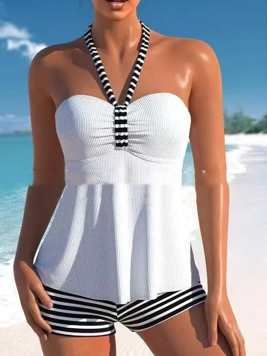 Women's black and white striped off-shoulder swimsuit with briefs style bottoms