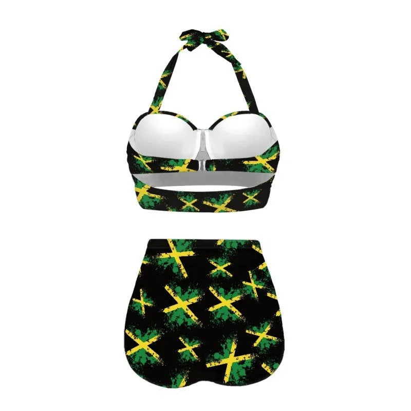 Women's blue halter neck bikini with lace-up front detail on the top.