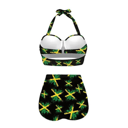 Women's blue halter neck bikini with lace-up front detail on the top.