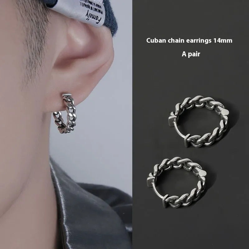 Men's geometric copper hip-hop earrings on a flat surface, showing 10mm and 14mm size options.