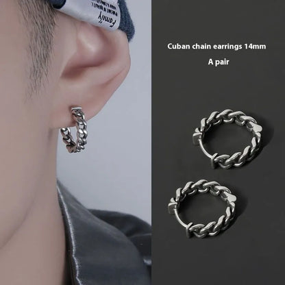 Men's geometric copper hip-hop earrings on a flat surface, showing 10mm and 14mm size options.
