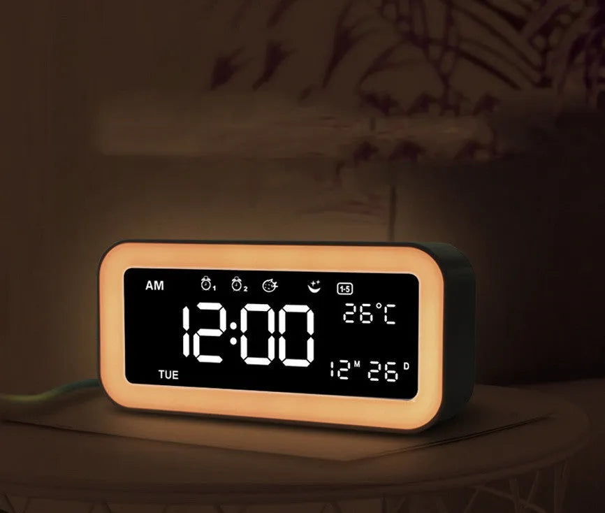 Blue rectangular LED atmosphere alarm clock with digital display and music function, 190x91x53mm