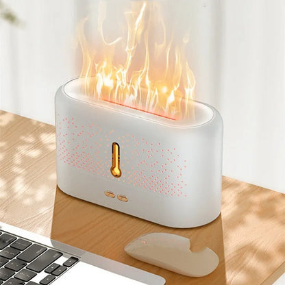 White ultrasonic aromatherapy diffuser with USB cable and essential oil bottle on packaging