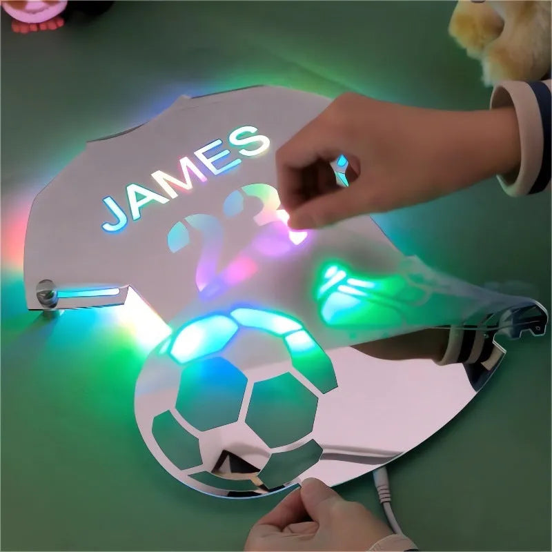 Personalised LED football jersey mirror light with acrylic shell and remote control, available in three sizes