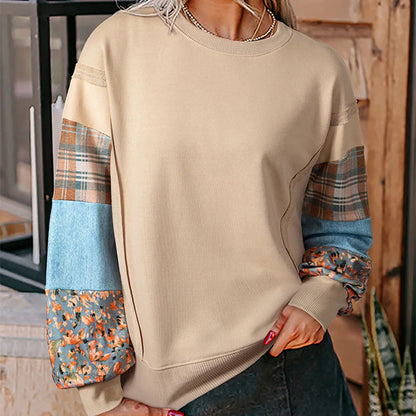 Women's beige and red plaid stitching long-sleeved polyester top with loose Japanese-Korean casual style