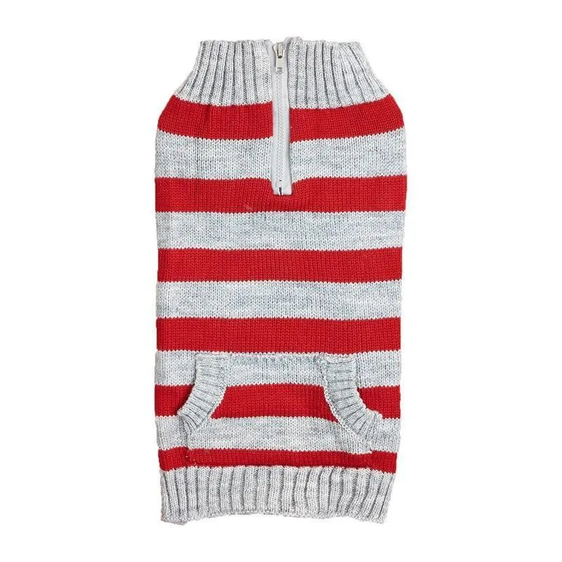 Grey dog sweater with side zipper and chest pocket on a small dog.