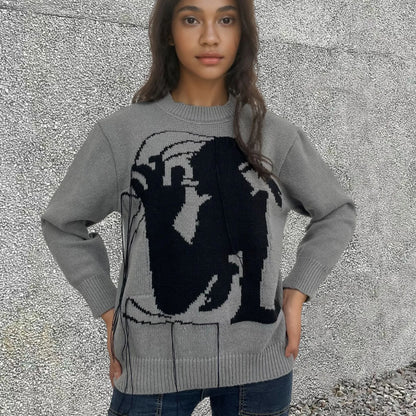 Women's alpaca wool sweater with abstract pattern tassel design in grey colour