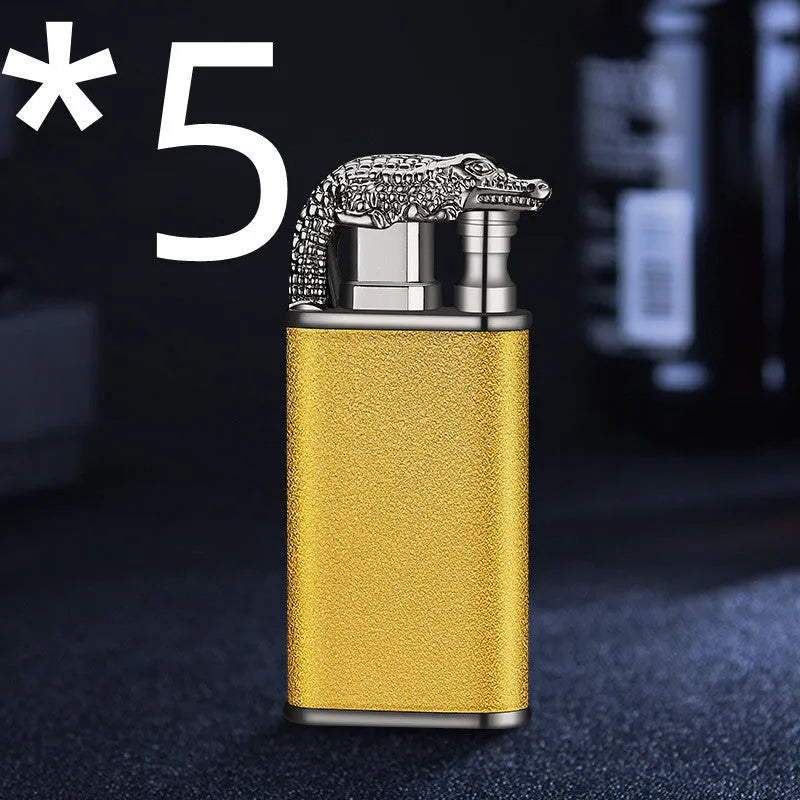 Metal windproof lighter with double flame and dragon design, showing flame from mouth.