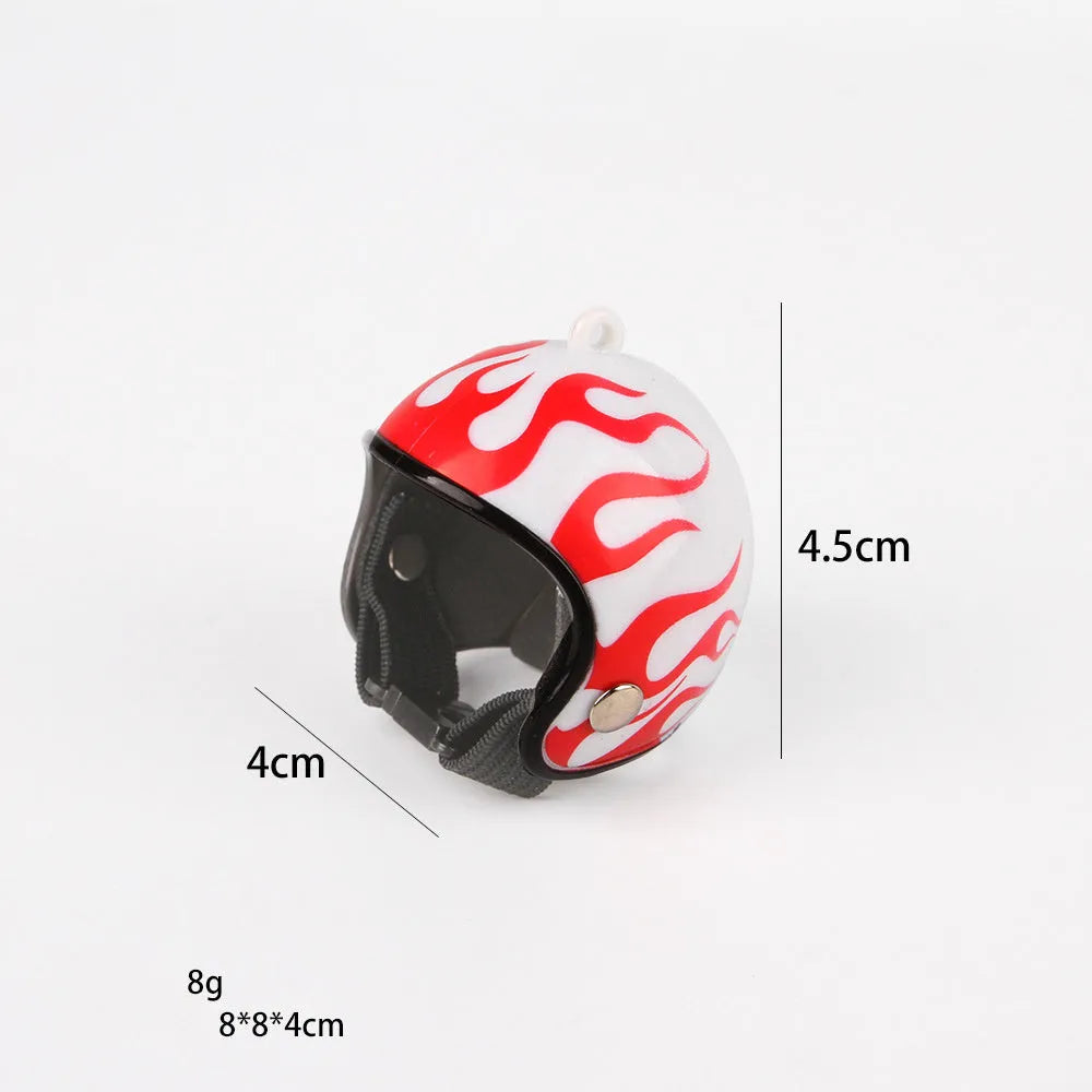 Small hard plastic helmet with elastic straps and sponge lining, designed for a chicken or bird to wear.