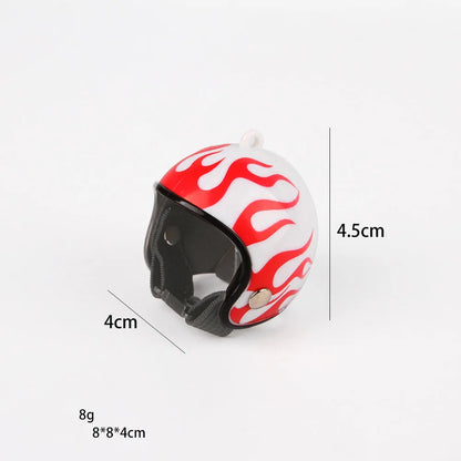 Small hard plastic helmet with elastic straps and sponge lining, designed for a chicken or bird to wear.