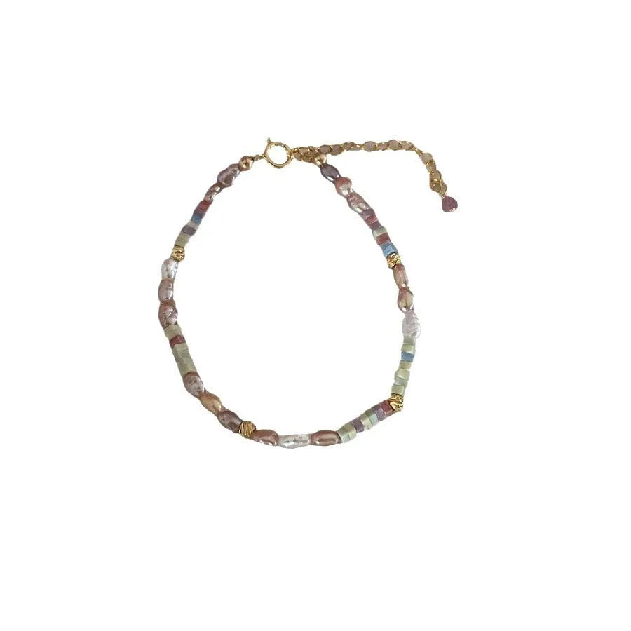 14K gold-plated purple natural pearl bracelet and necklace set with irregular mini pearls and U-shaped design