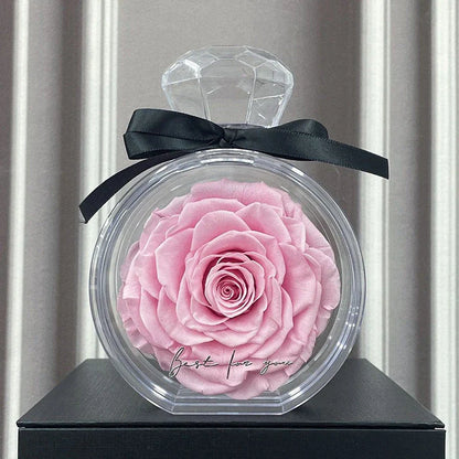Preserved dried rose floral ornaments in a transparent display, available in various colors for home decor and special occasions