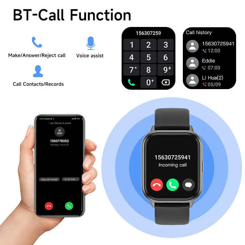 T17F smart watch with TFT screen, touch button, Bluetooth calling, sleep monitoring, in pink or black.