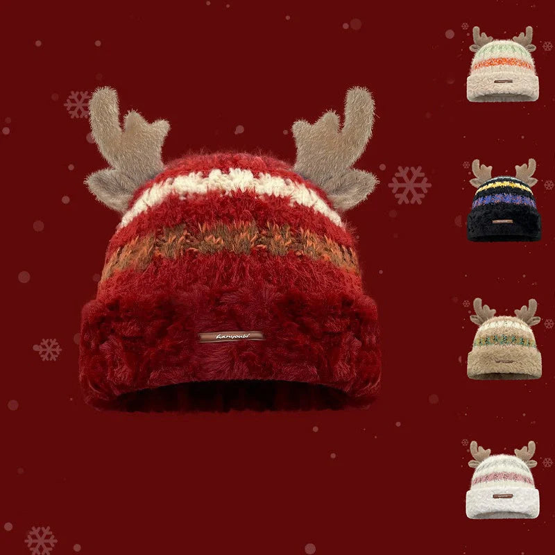 Christmas knitted hat with deer antler design in various colours