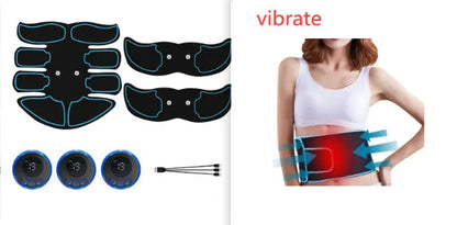 Blue-edged K81 digital abdominal muscle stimulator unit showing display, next to its charging cable.