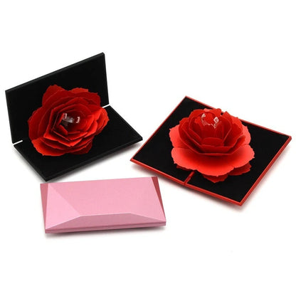 Heart-shaped 3D Love Box with rotating rose flower for ring display in red and pink