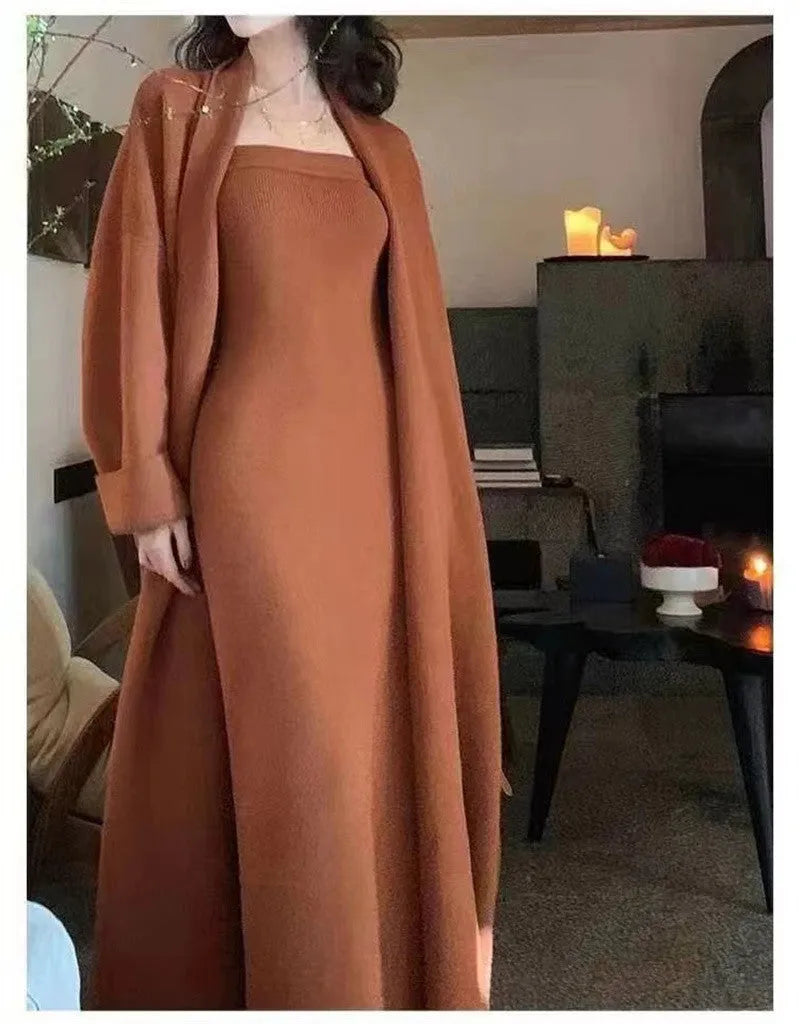 Women's knitted cardigan dress and coat suit in free size with flocked texture, available in multiple colours
