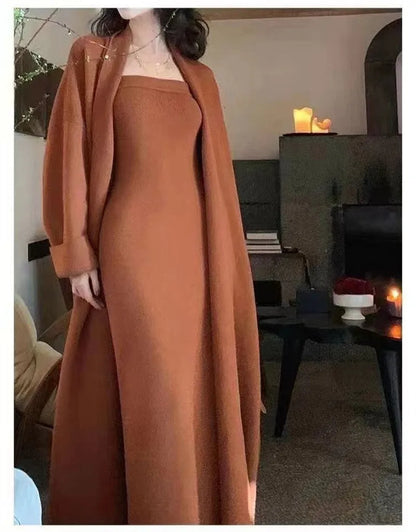 Women's knitted cardigan dress and coat suit in free size with flocked texture, available in multiple colours