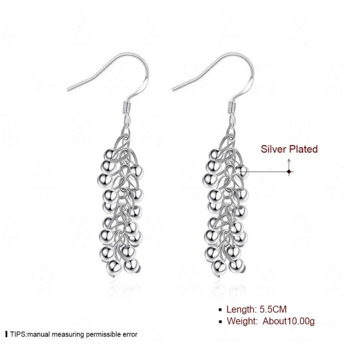 Silver light bead string earrings for women, copper electroplated dangle earrings, 6.8g, 1 pair