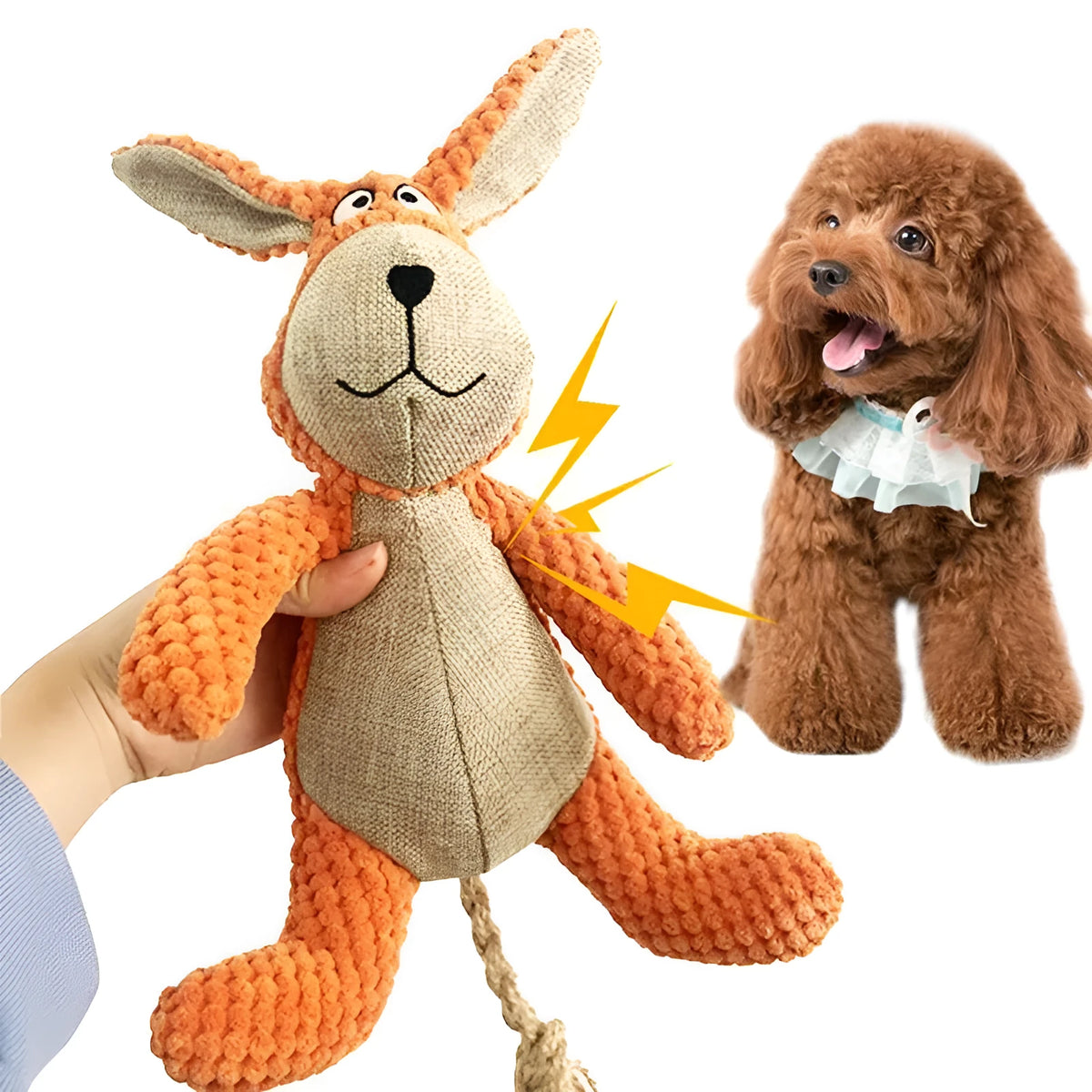 Plush dog squeaky chew toy in animal shape options: donkey, elephant, orangutan, or rabbit.